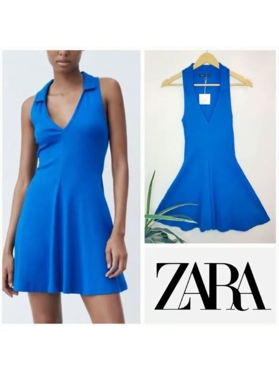 Zara Dresses & Skirts - Zara Skater Dress Size Small Cobalt Blue Sleeveless V Neck Lapel Collared A Line